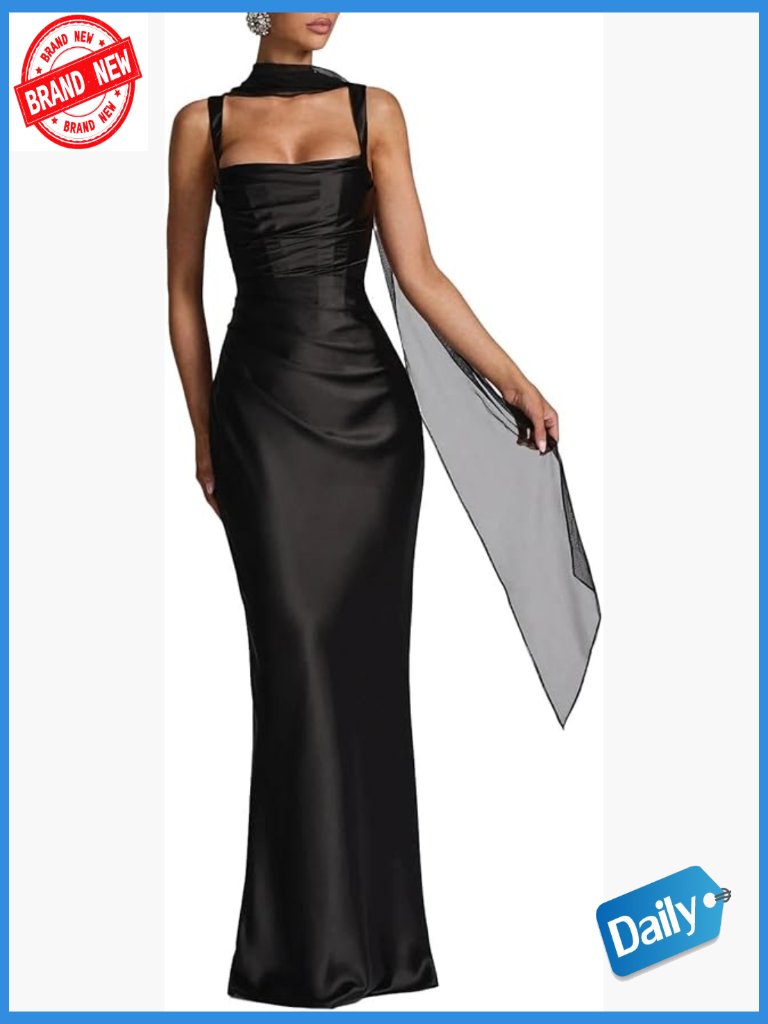 Satin Corset Top Maxi Dress With Sheer Scarf Mermaid Evening Gown